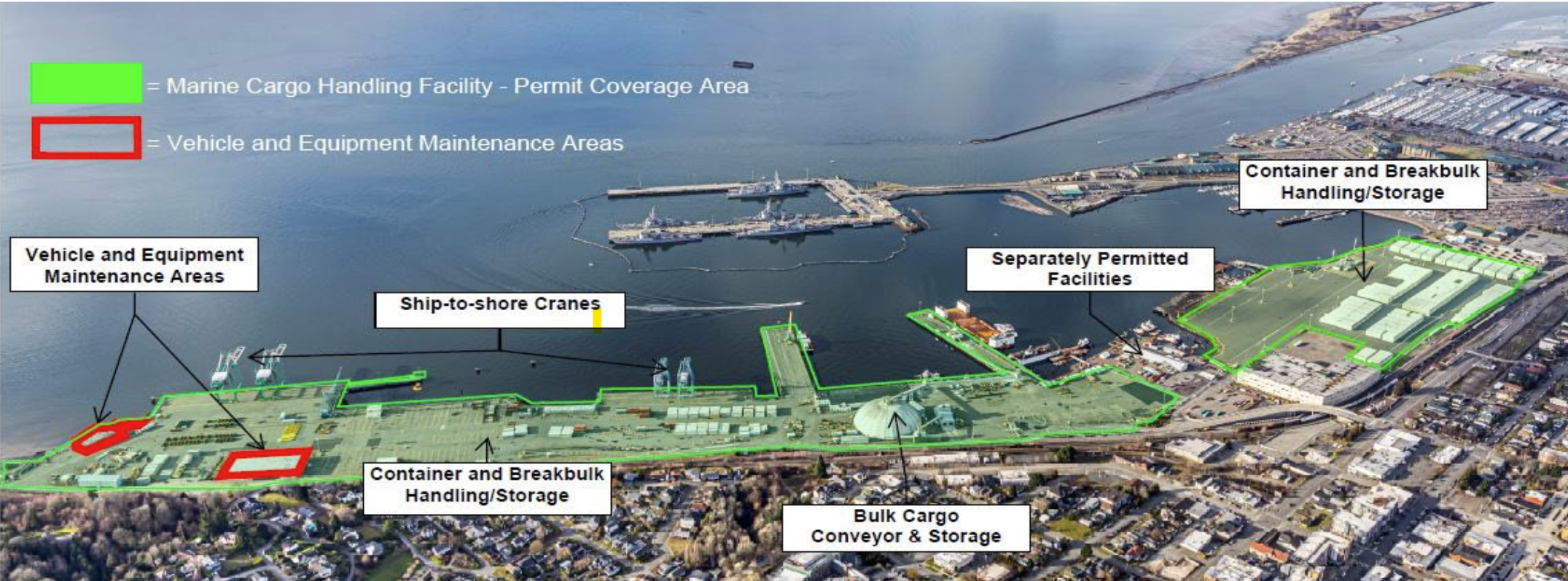 overhead shot of a port with sections highlighted in green in red. the red highlights a small area around maintenance areas indicating what was covered under the current permit, the green highlights a much larger area where cargo and material handling occurs indicating what will be required under the proposed language